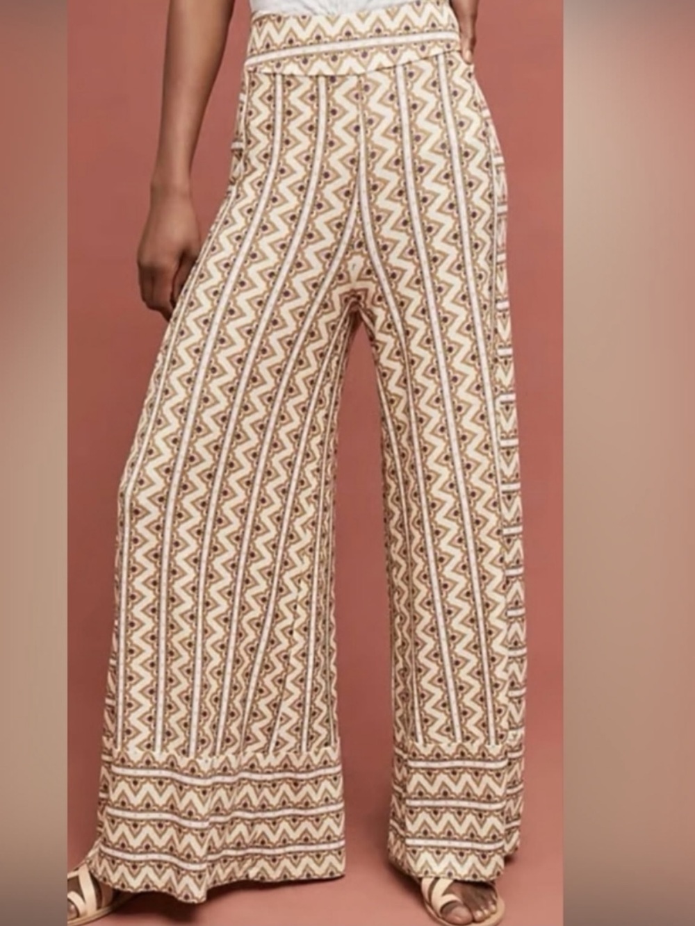 Anthropologie Farm Rio Cream and Brown Geometric Wide-Leg Pants